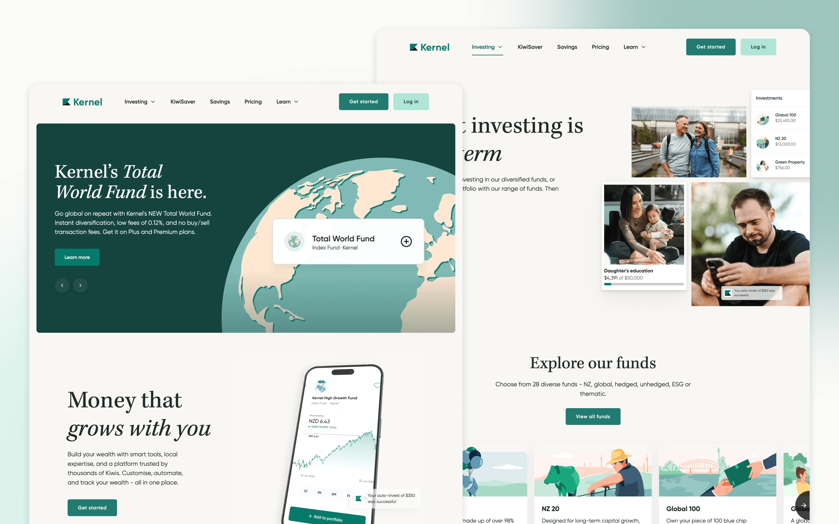 Kernel fintech website design introducing its investing platform and funds