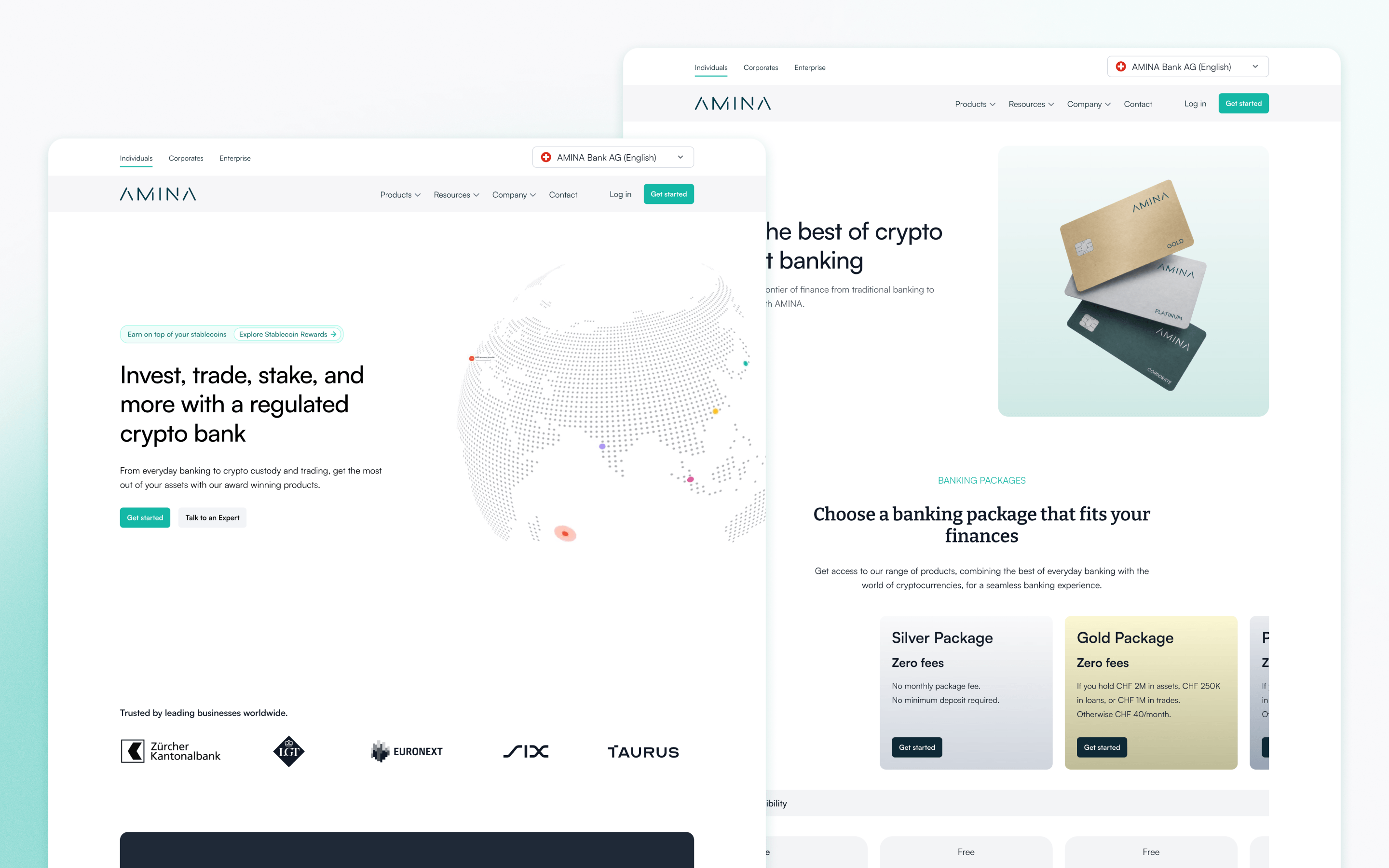 AMINA Bank fintech website presenting banking services for the crypto economy
