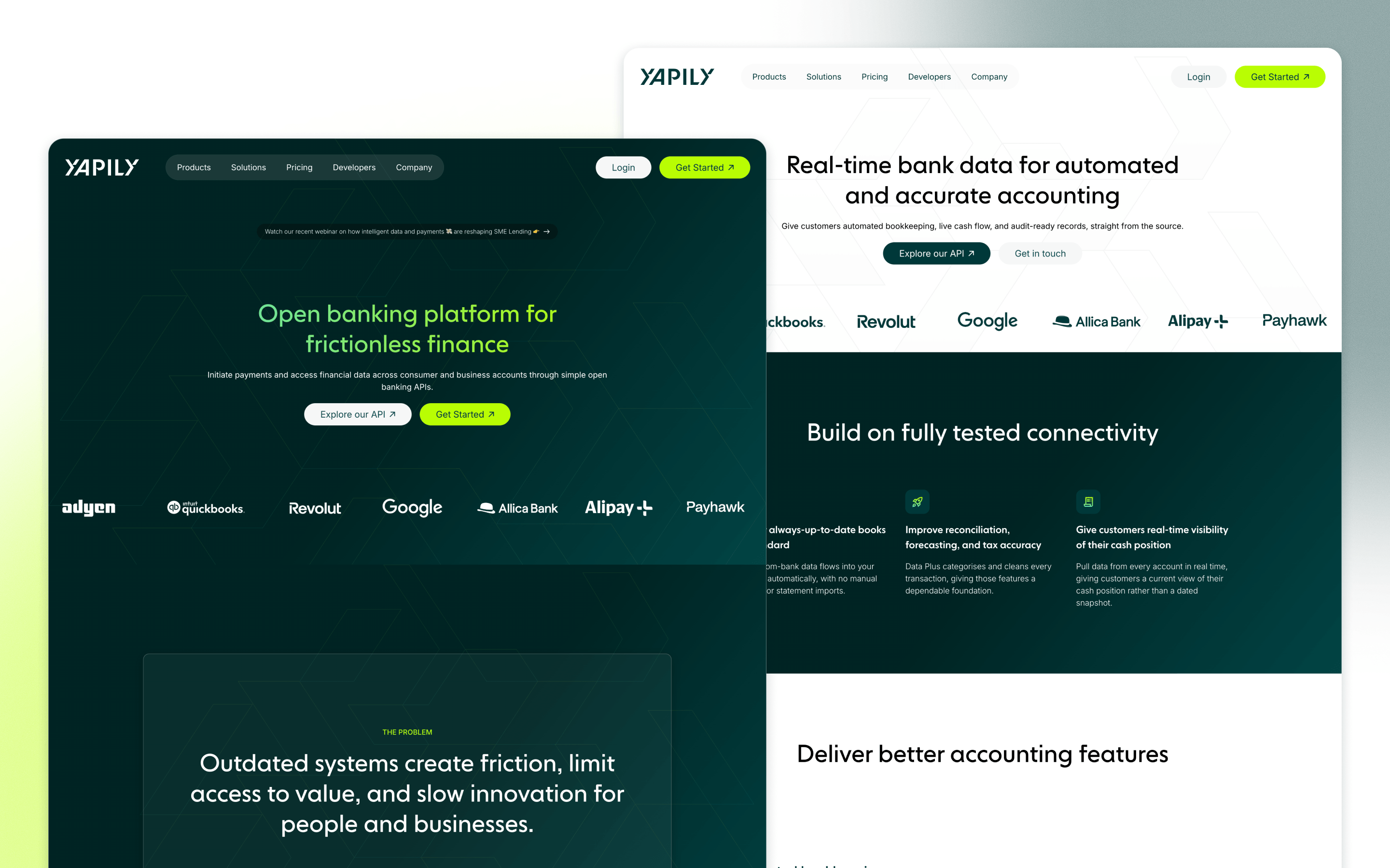 Yapily fintech website design explaining open banking and bank data connectivity