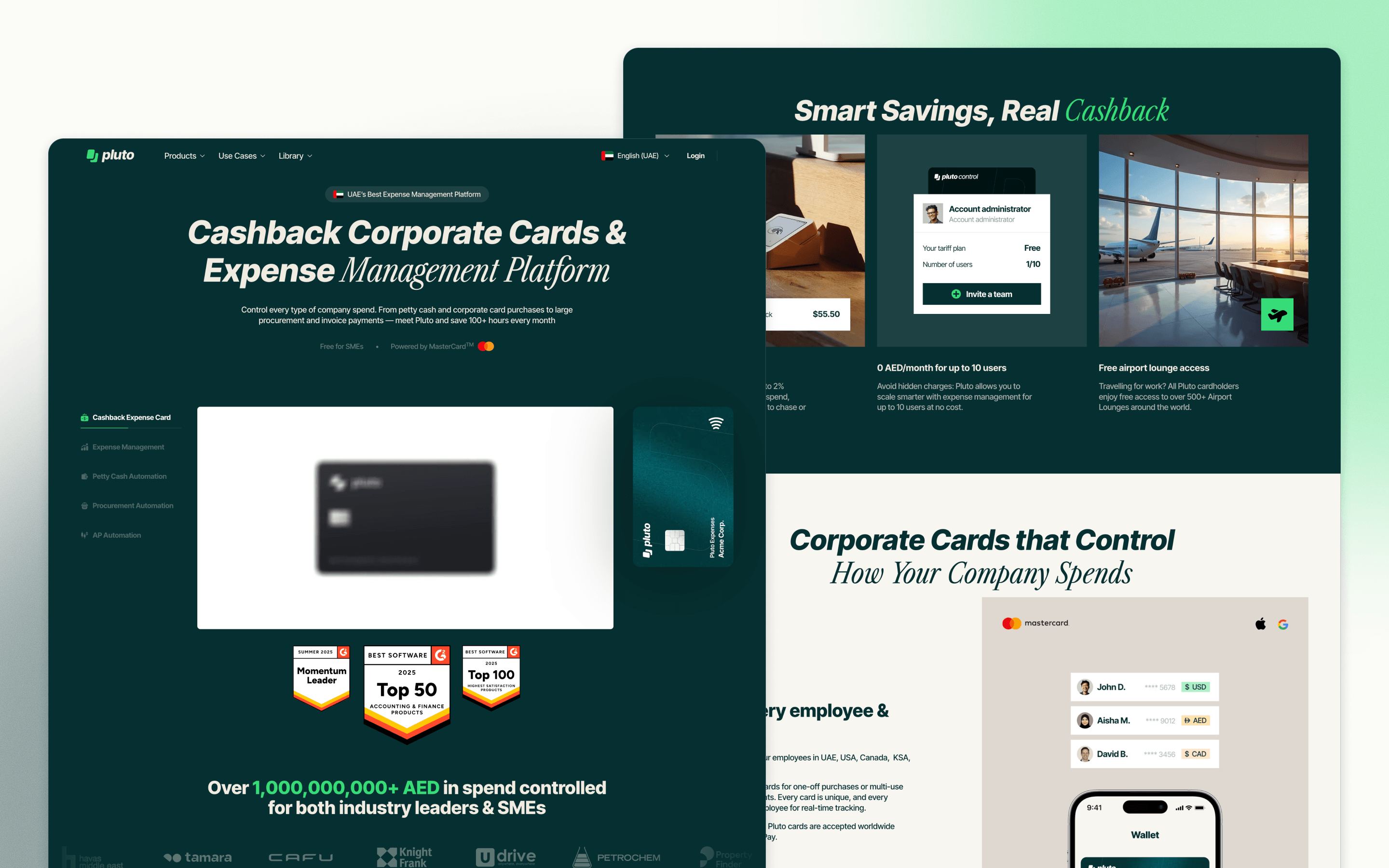 Pluto fintech website design for corporate cards and expense management