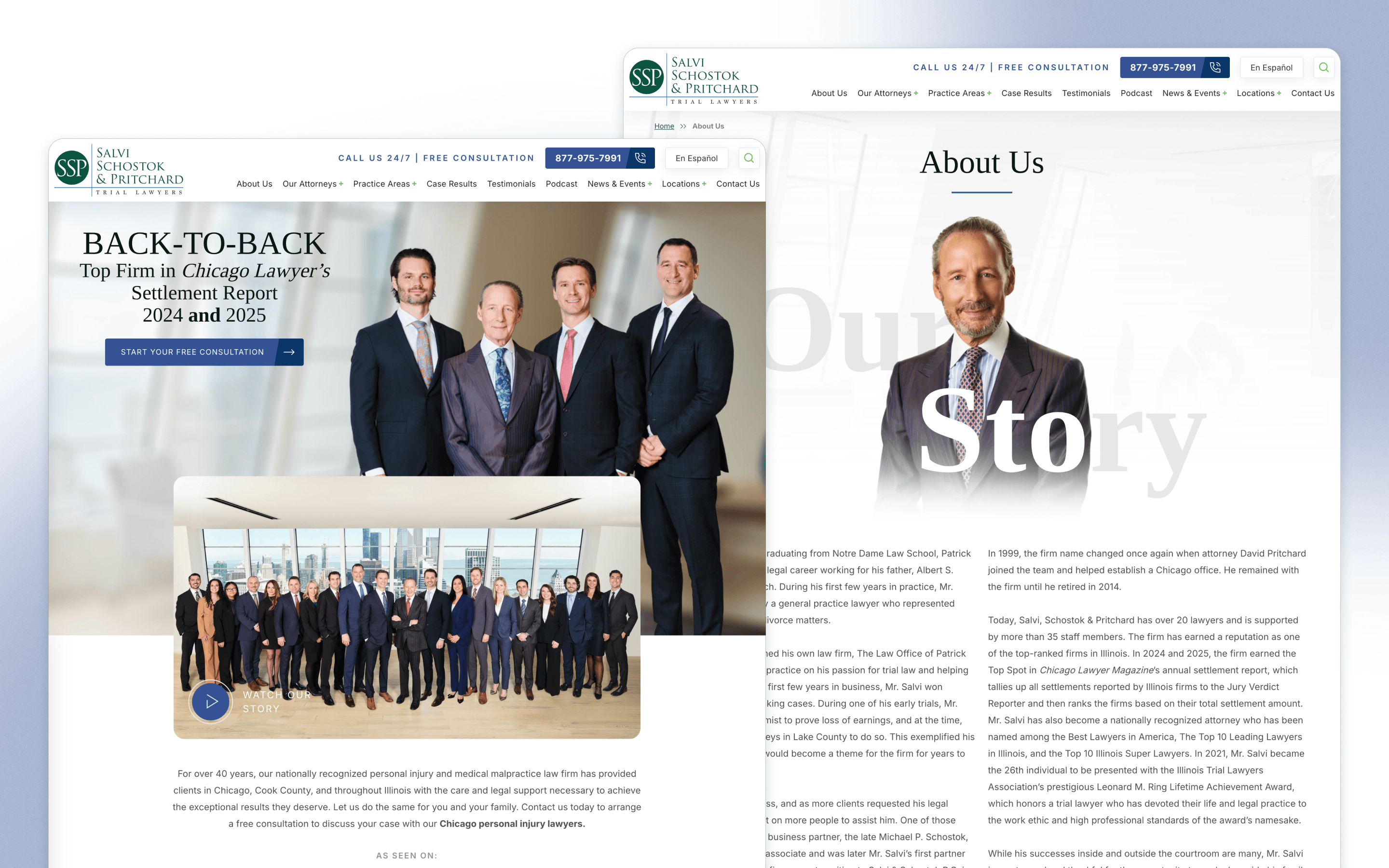 Salvi, Schostok & Pritchard law firm website design showing its attorneys and company history