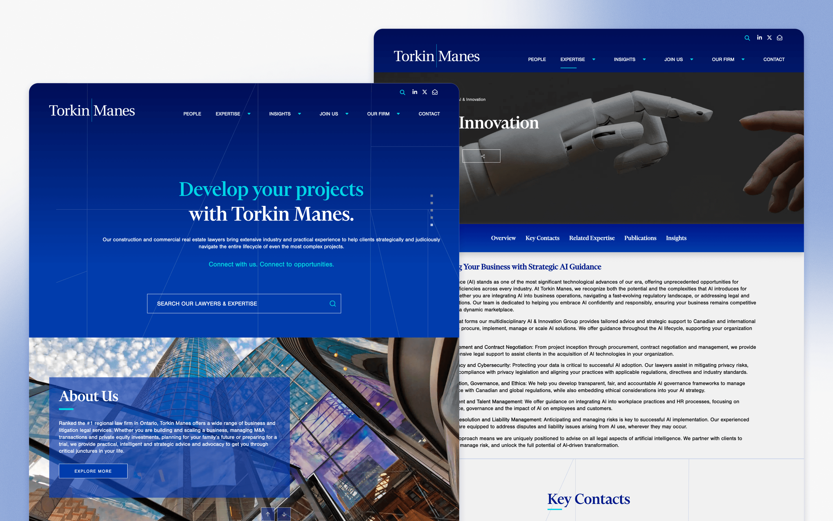 Torkin Manes law firm website design showing the homepage and innovation practice page