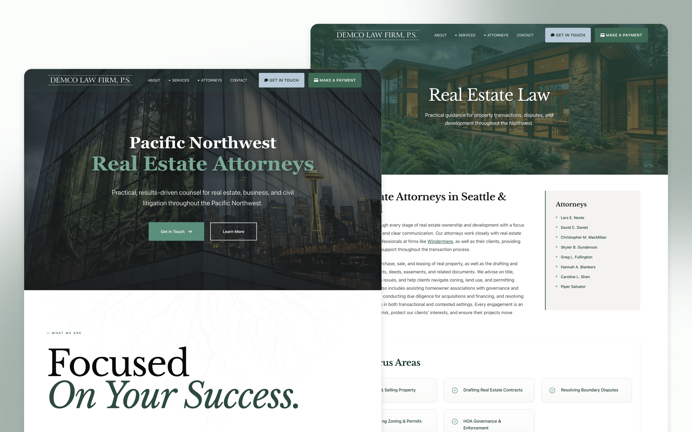Demco law firm website design presenting Pacific Northwest real estate attorneys and practice areas