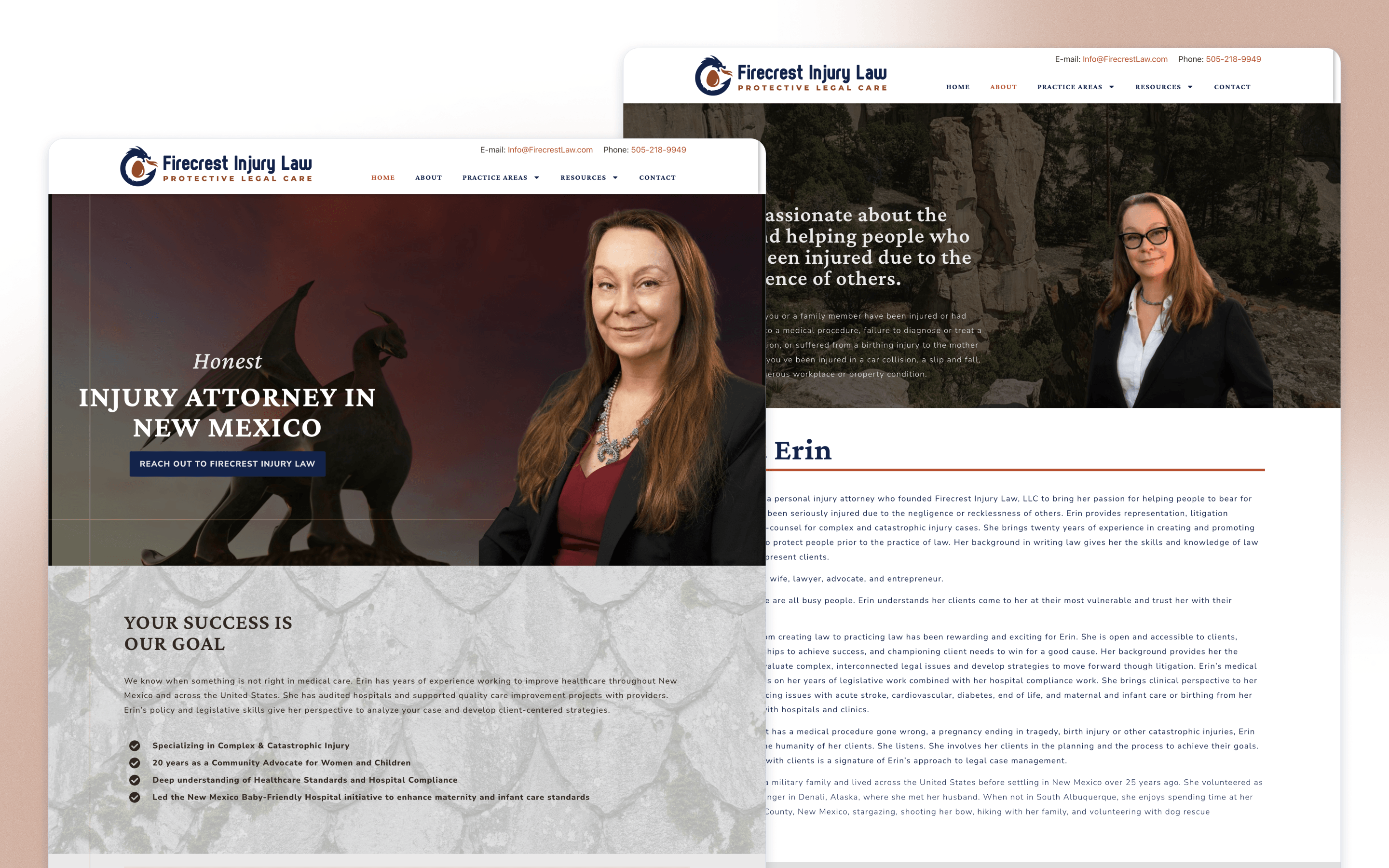 Firecrest Injury Law firm website showing Erin Marshall, a dragon illustration, and her attorney profile