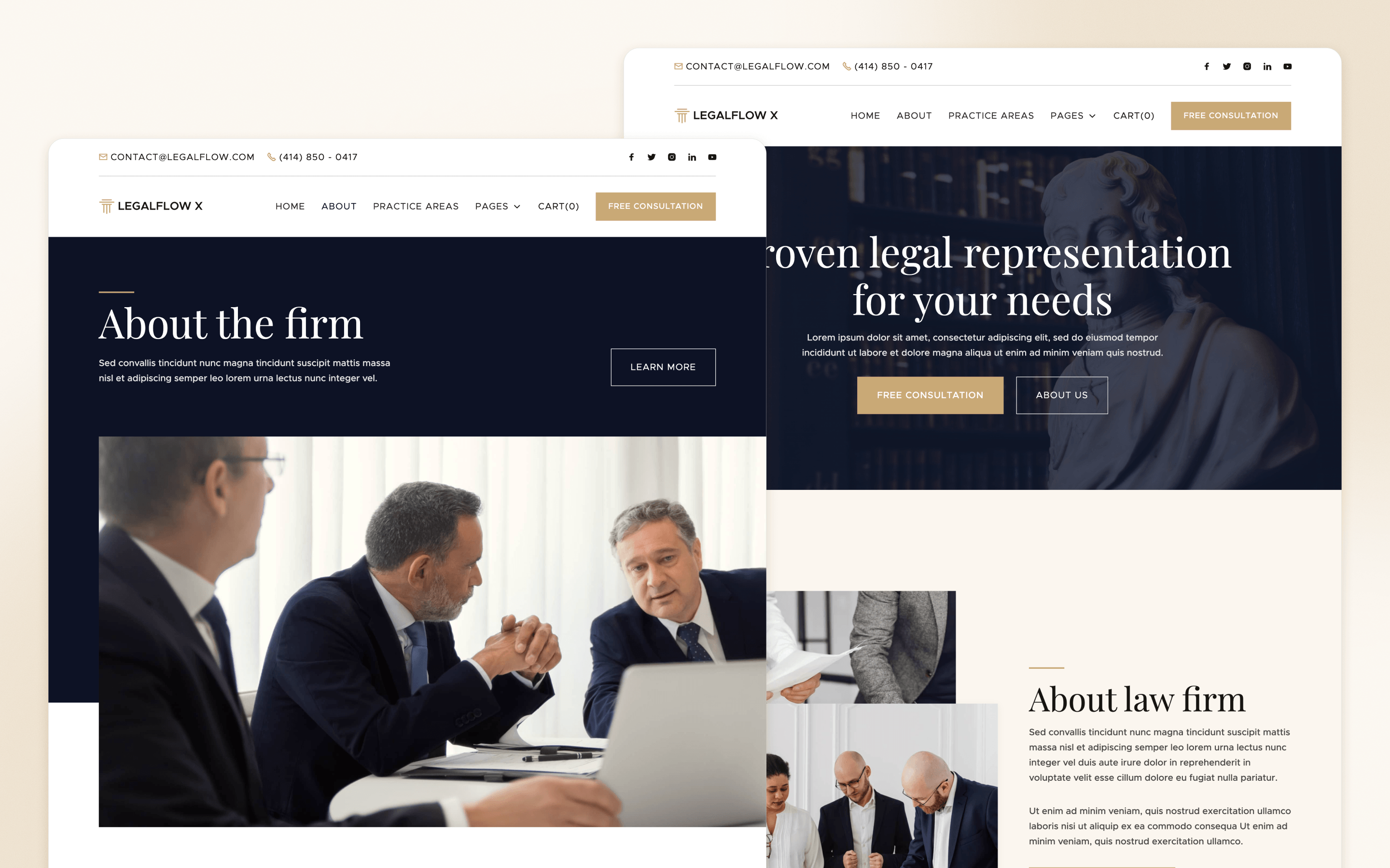 LegalFlow X law firm website template by BRIX Agency showing navy and cream pages with attorney photography