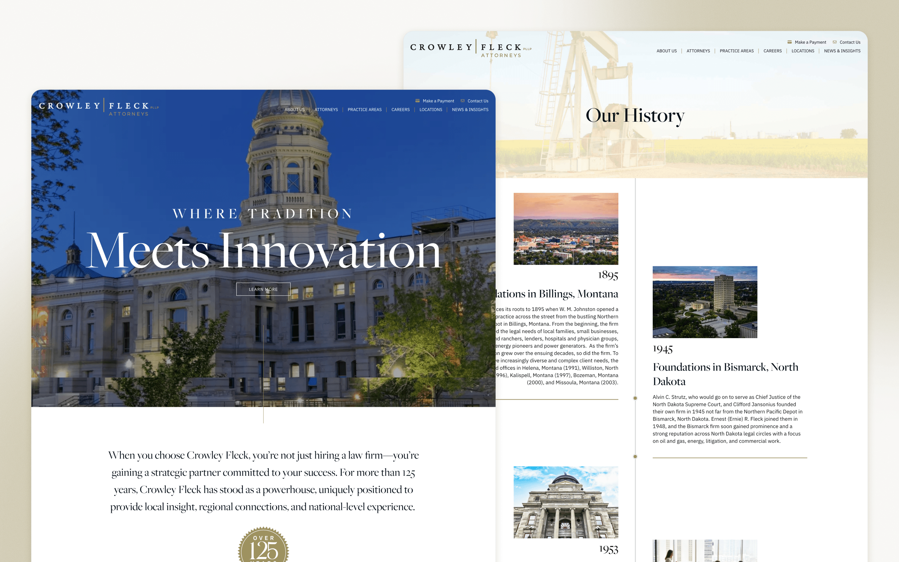 Crowley Fleck law firm website design showing regional photography and the history of the firm