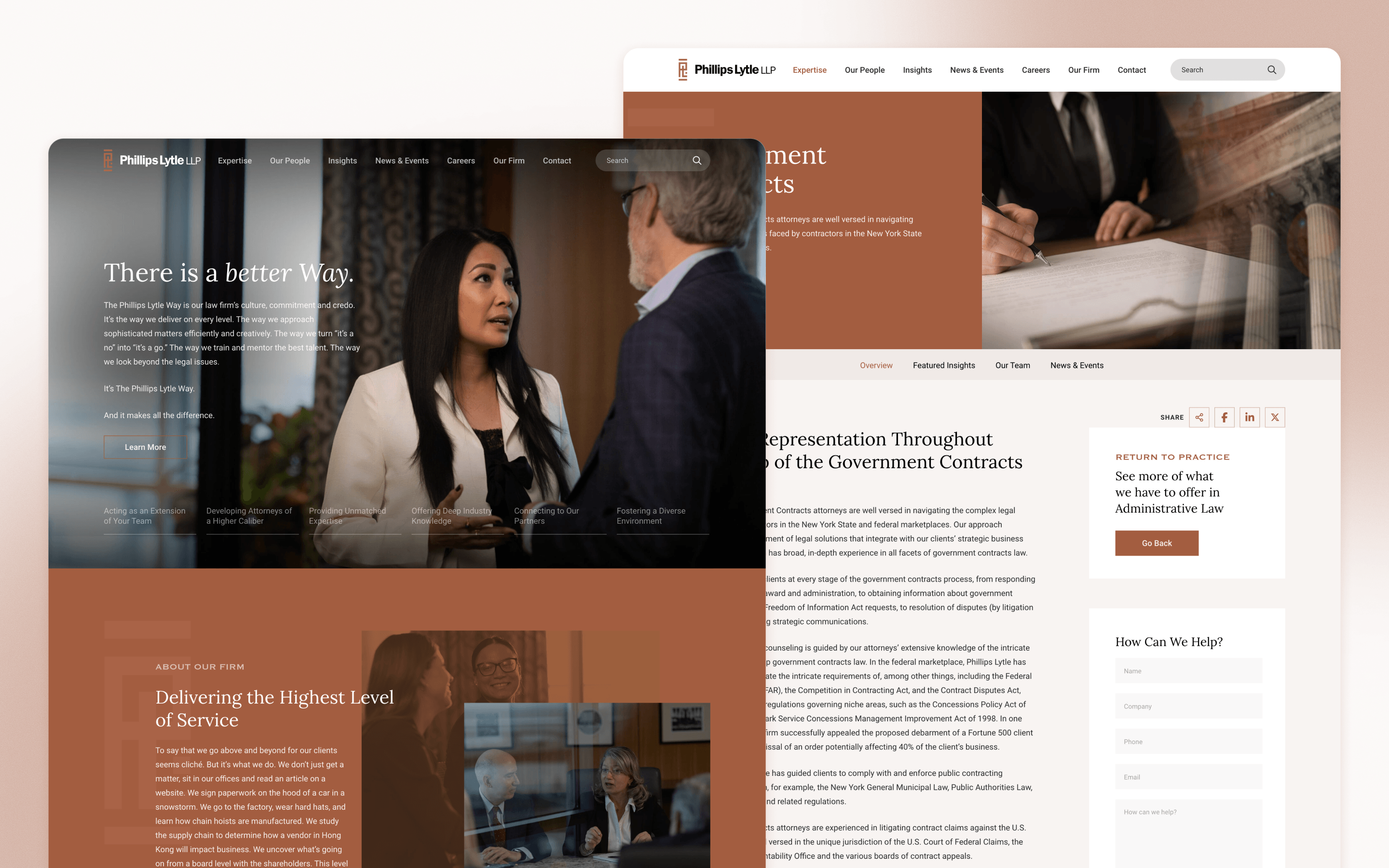Phillips Lytle law firm website design showing the homepage and commercial litigation practice page
