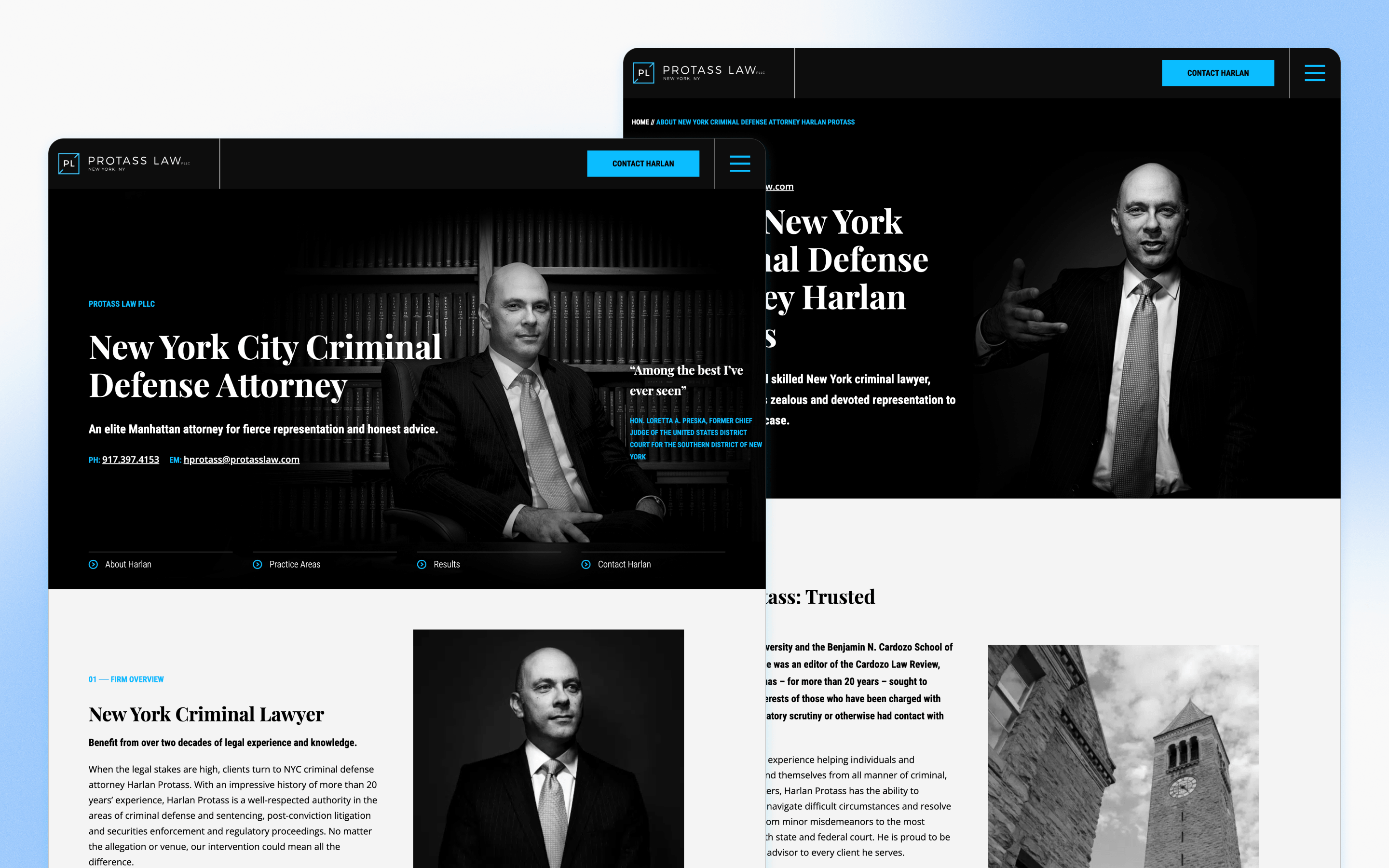Protass law firm website design showing Harlan Protass and New York criminal defense services