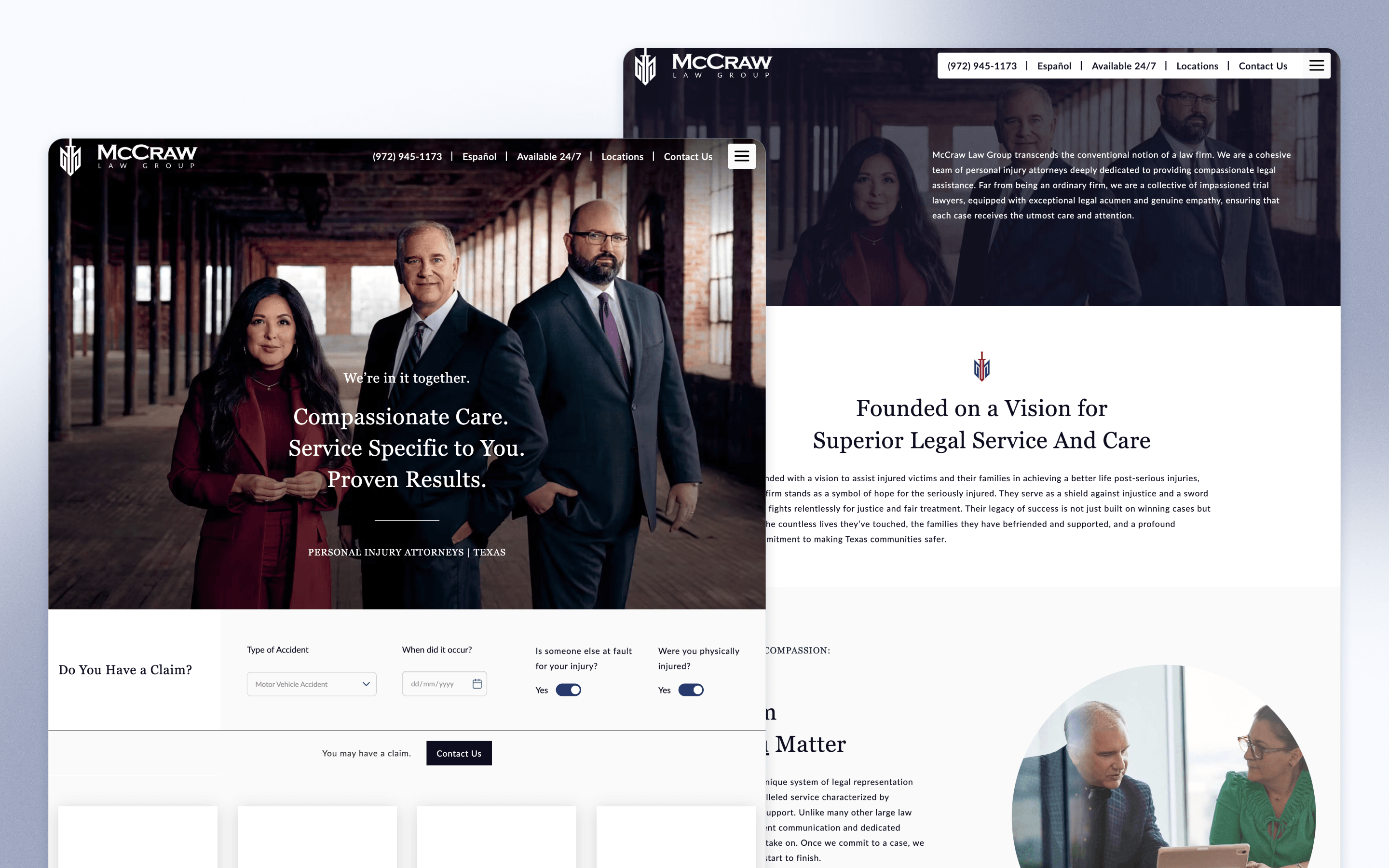 McCraw Law Group law firm website design with attorney portraits and the firm story