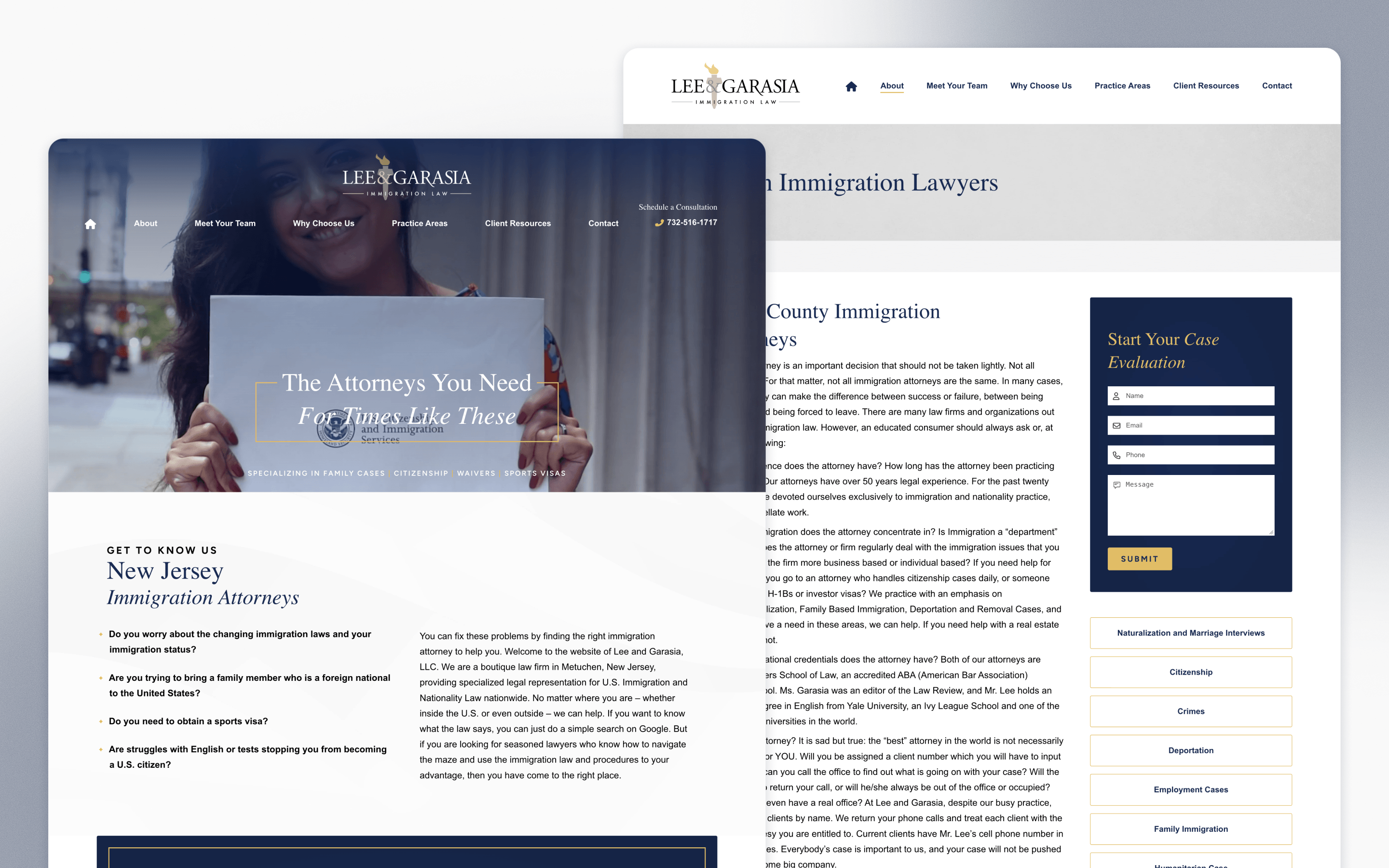 Lee & Garasia law firm website design showing immigration services and a consultation form