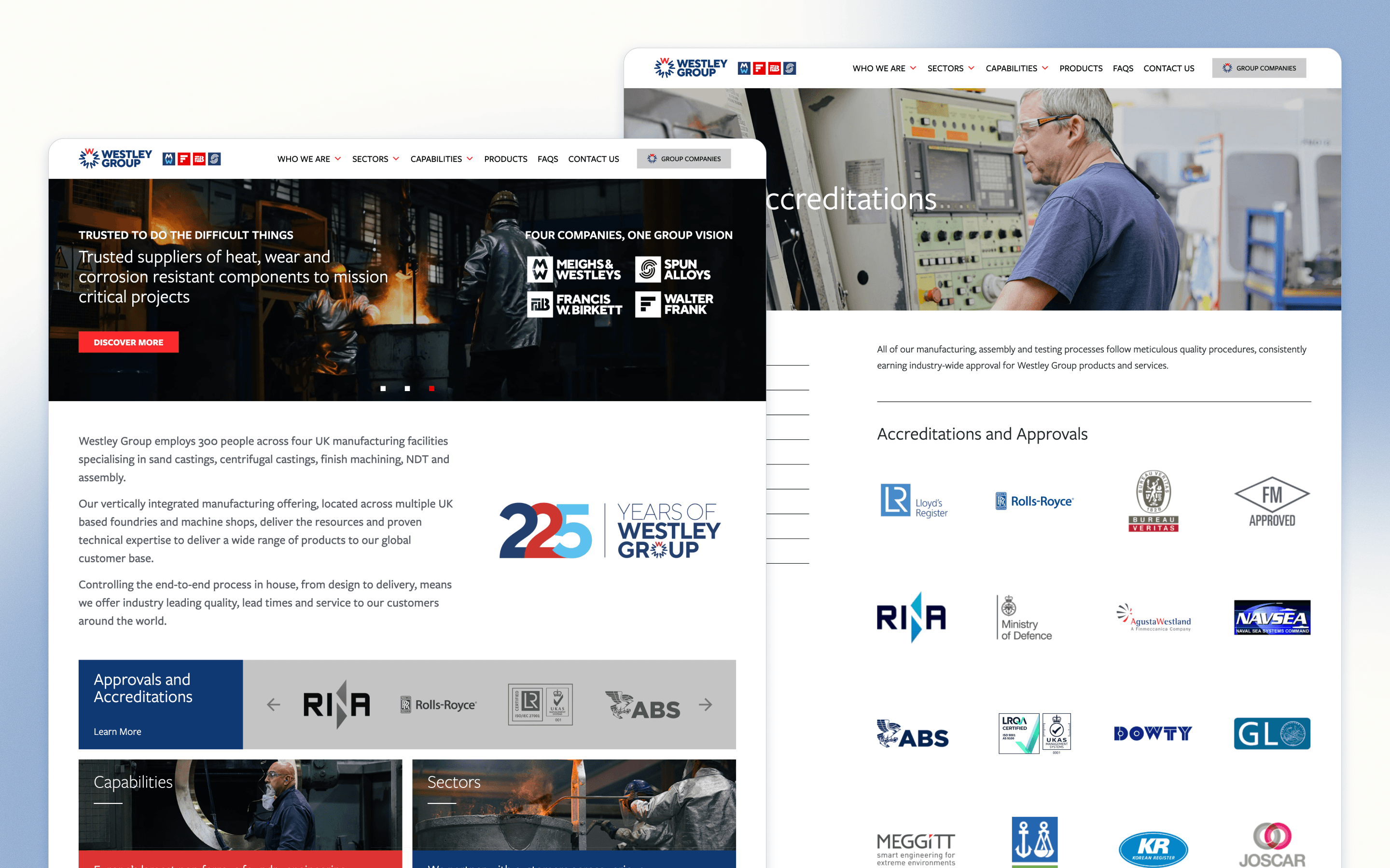 Westley Group manufacturing website design showing foundry capabilities and accreditations