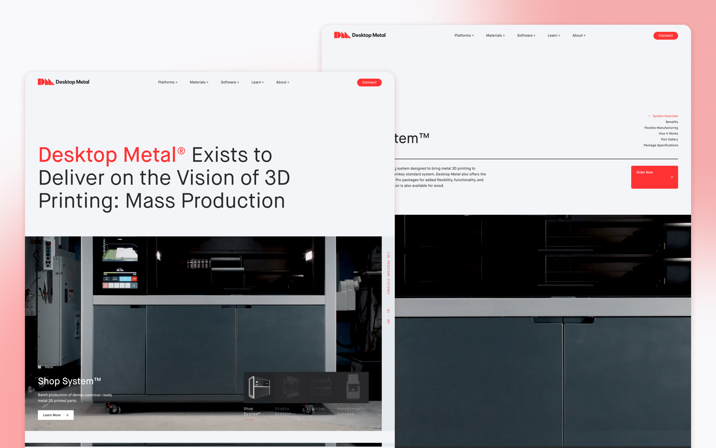 Desktop Metal manufacturing website design introducing industrial 3D printing systems