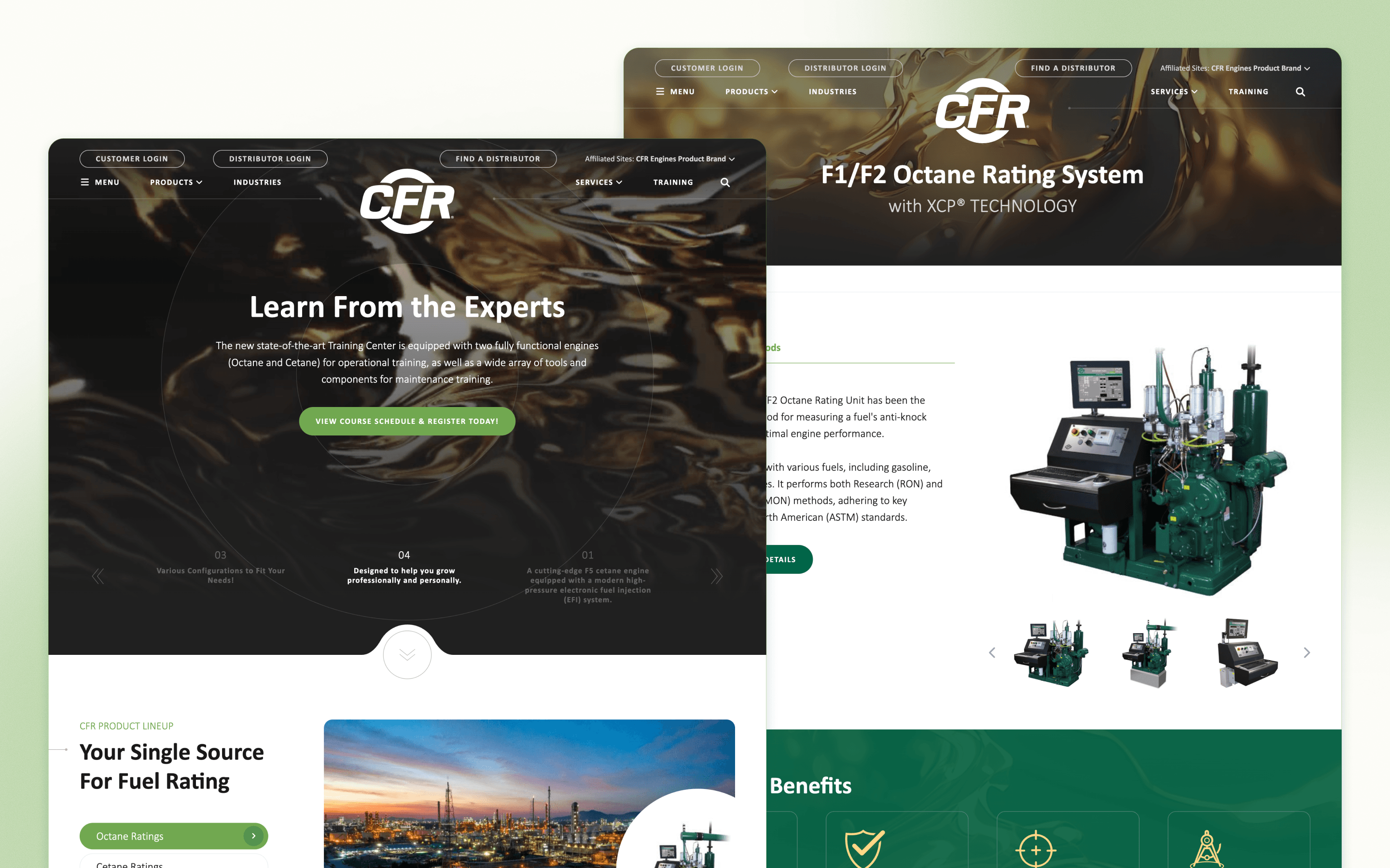 CFR Engines manufacturing website design showing fuel-testing equipment and product benefits