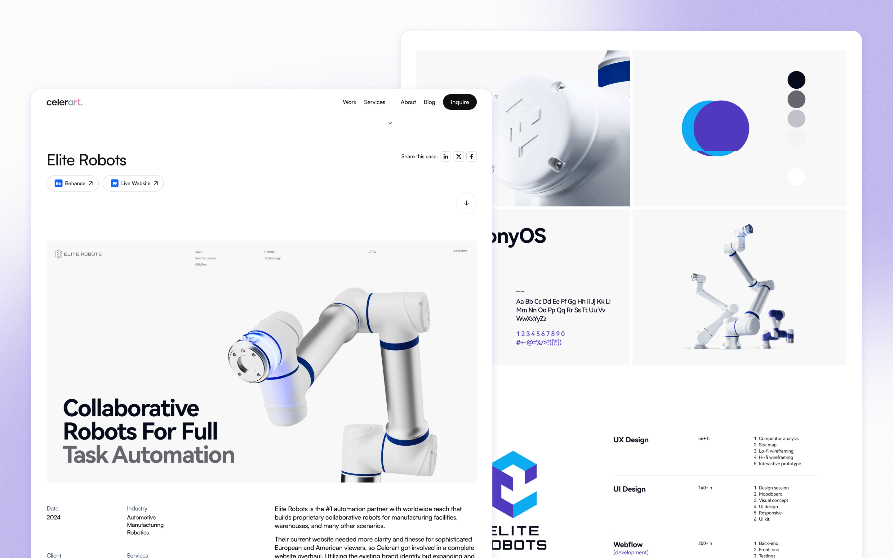 Celerart case study showing Elite Robots manufacturing website design and robotics brand assets