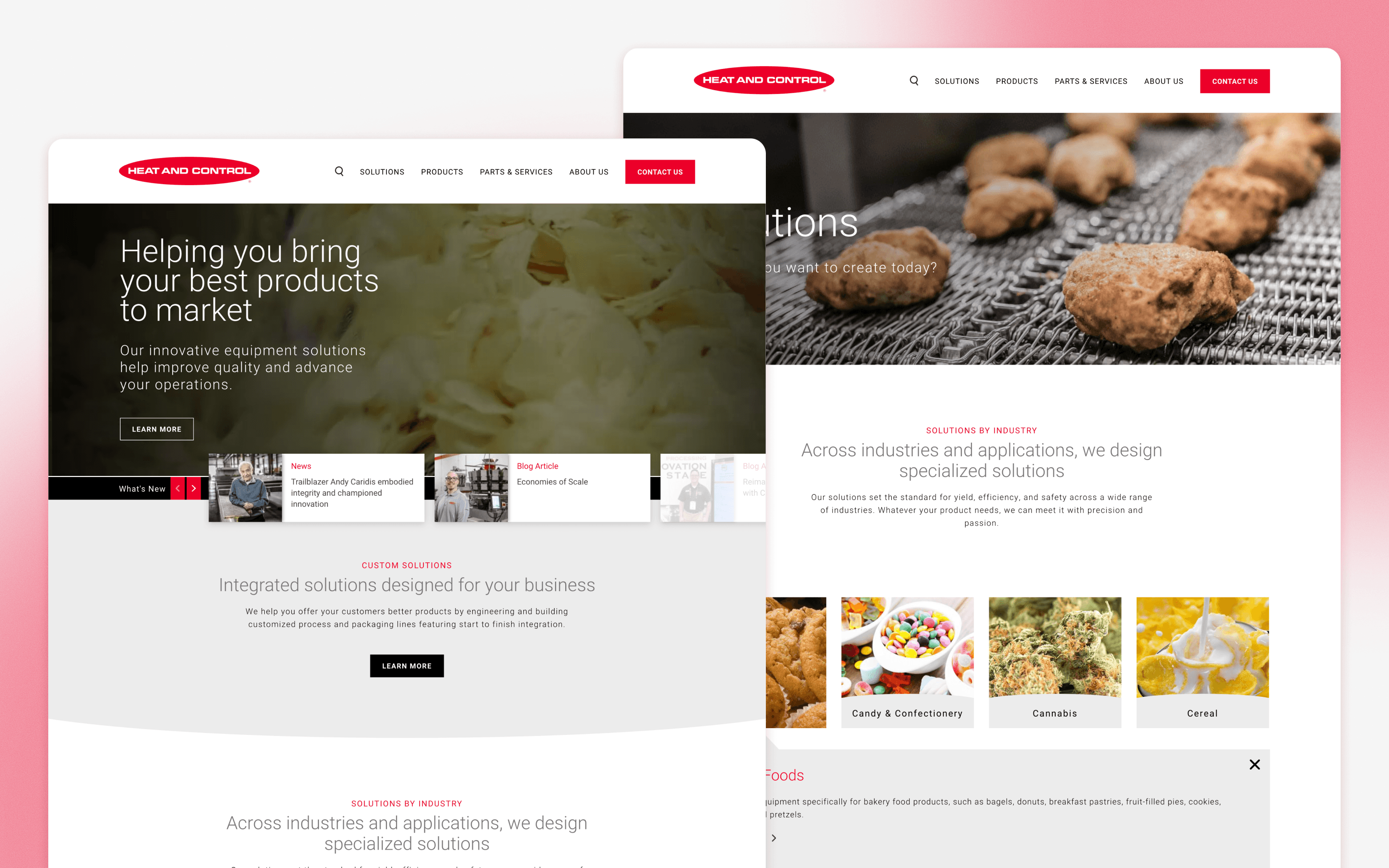 Heat and Control manufacturing website design showing food-processing equipment and applications
