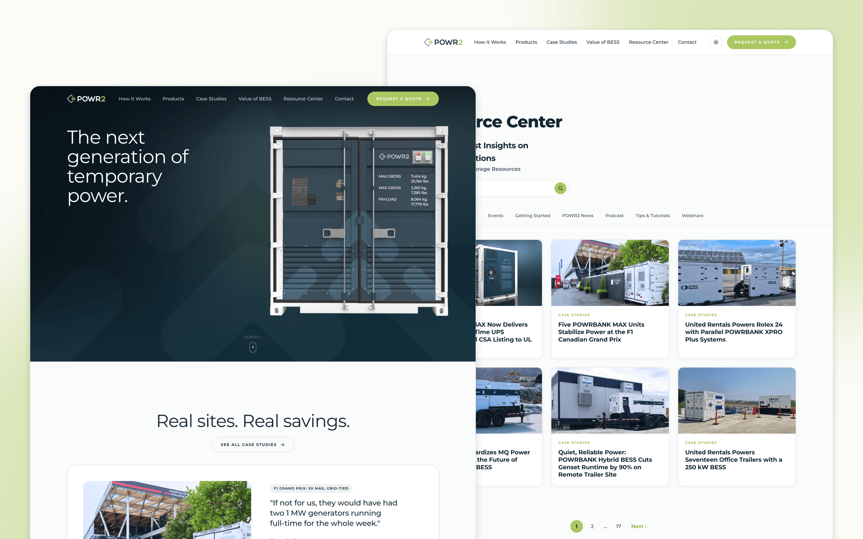 POWR2 manufacturing website design showing portable energy-storage systems and resources