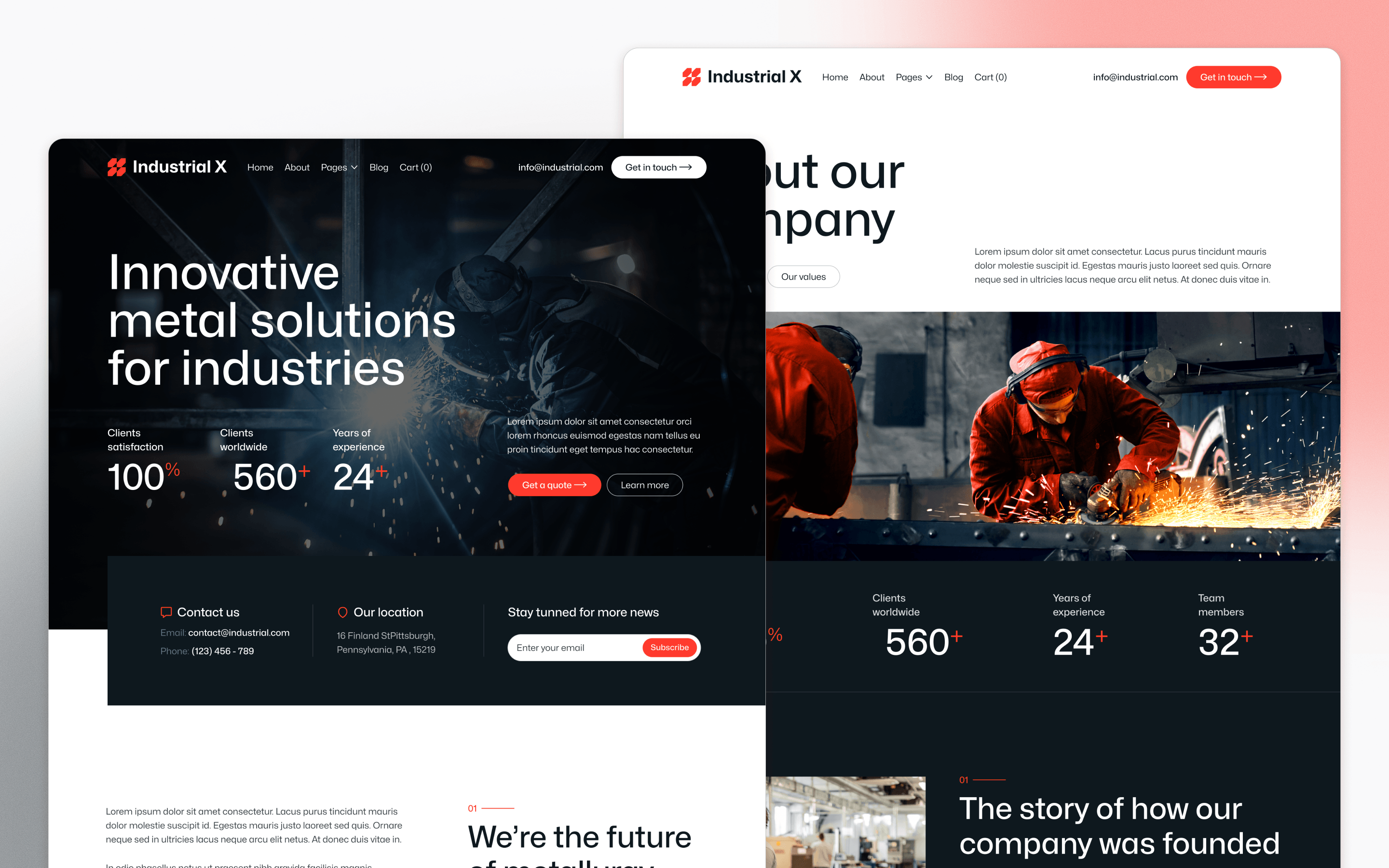 Industrial X manufacturing website template by BRIX Agency showing metalworking and company pages