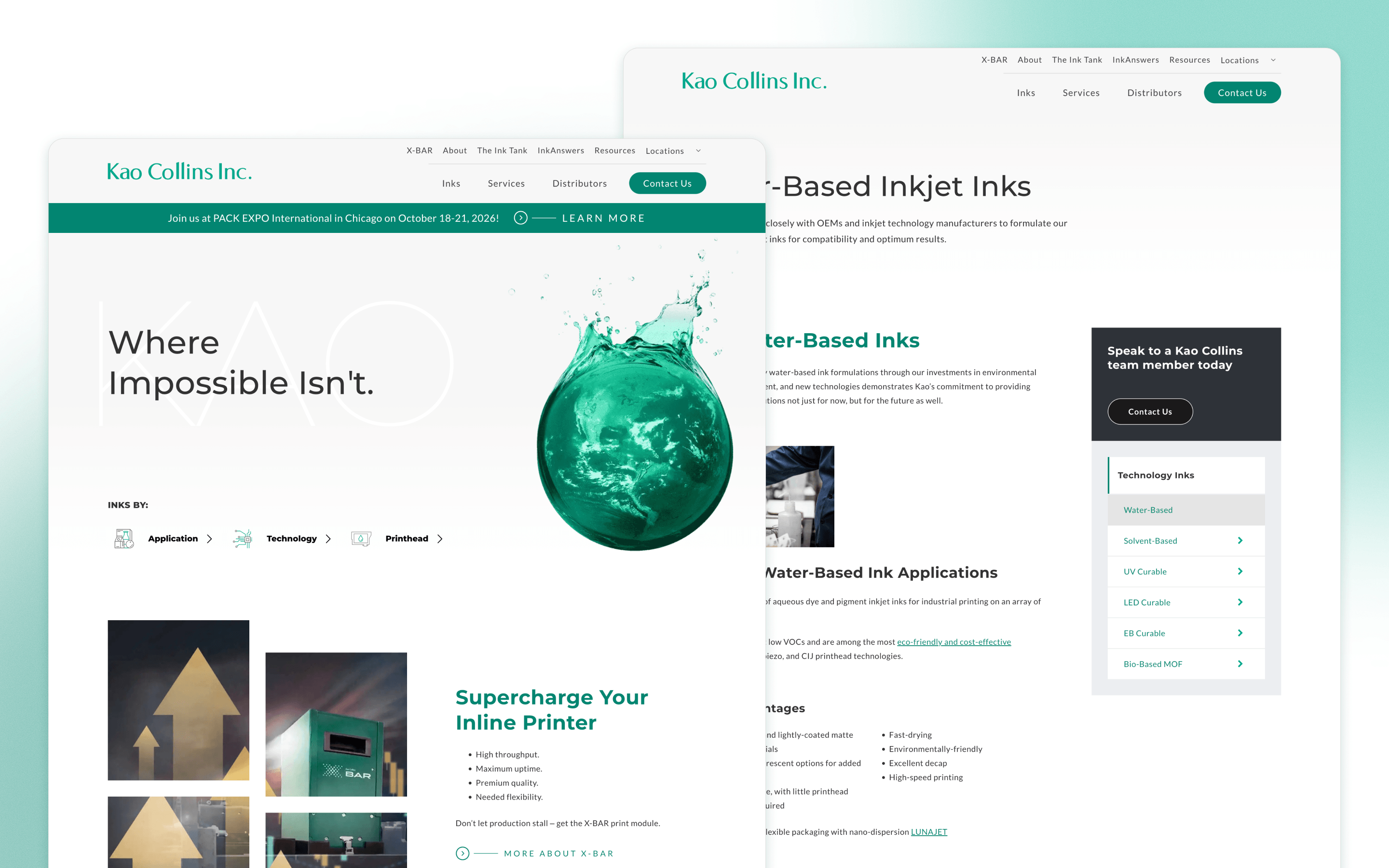 Kao Collins manufacturing website showing its homepage and water-based industrial ink products