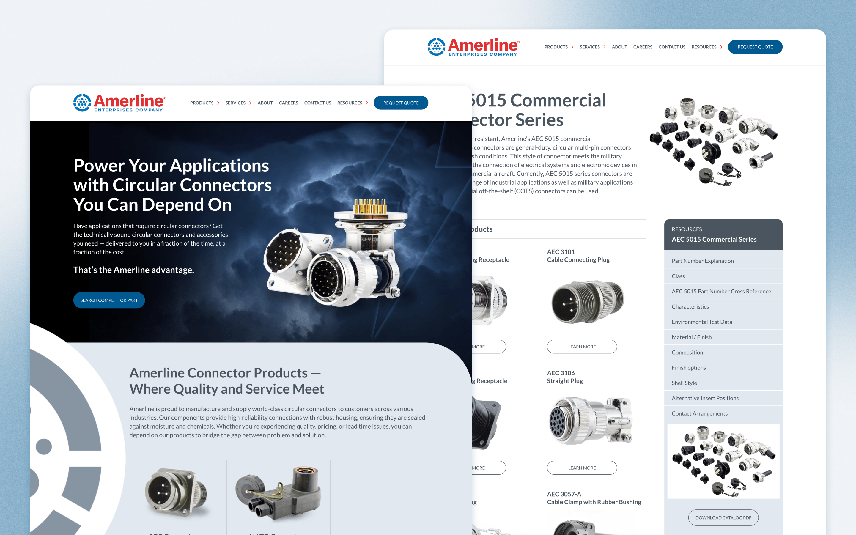 Amerline manufacturing website design showing circular connectors and product catalog pages