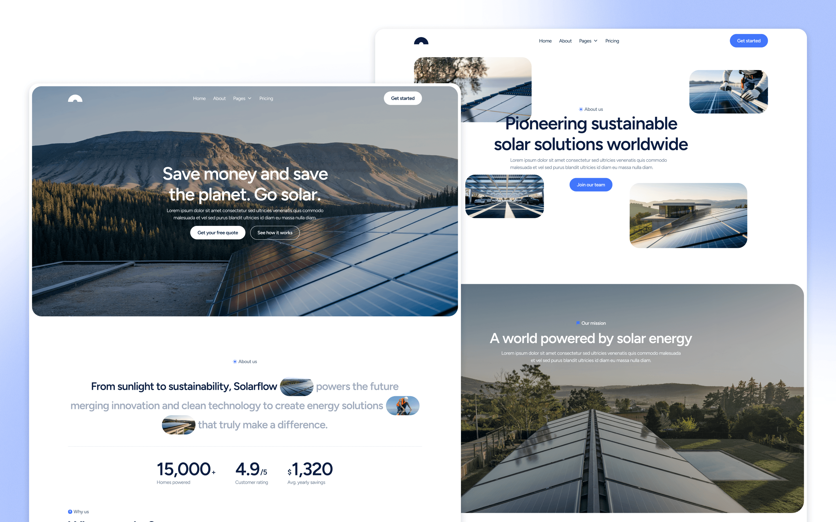 Solarflow energy website template in BRIX Agency’s manufacturing portfolio, with solar-panel imagery