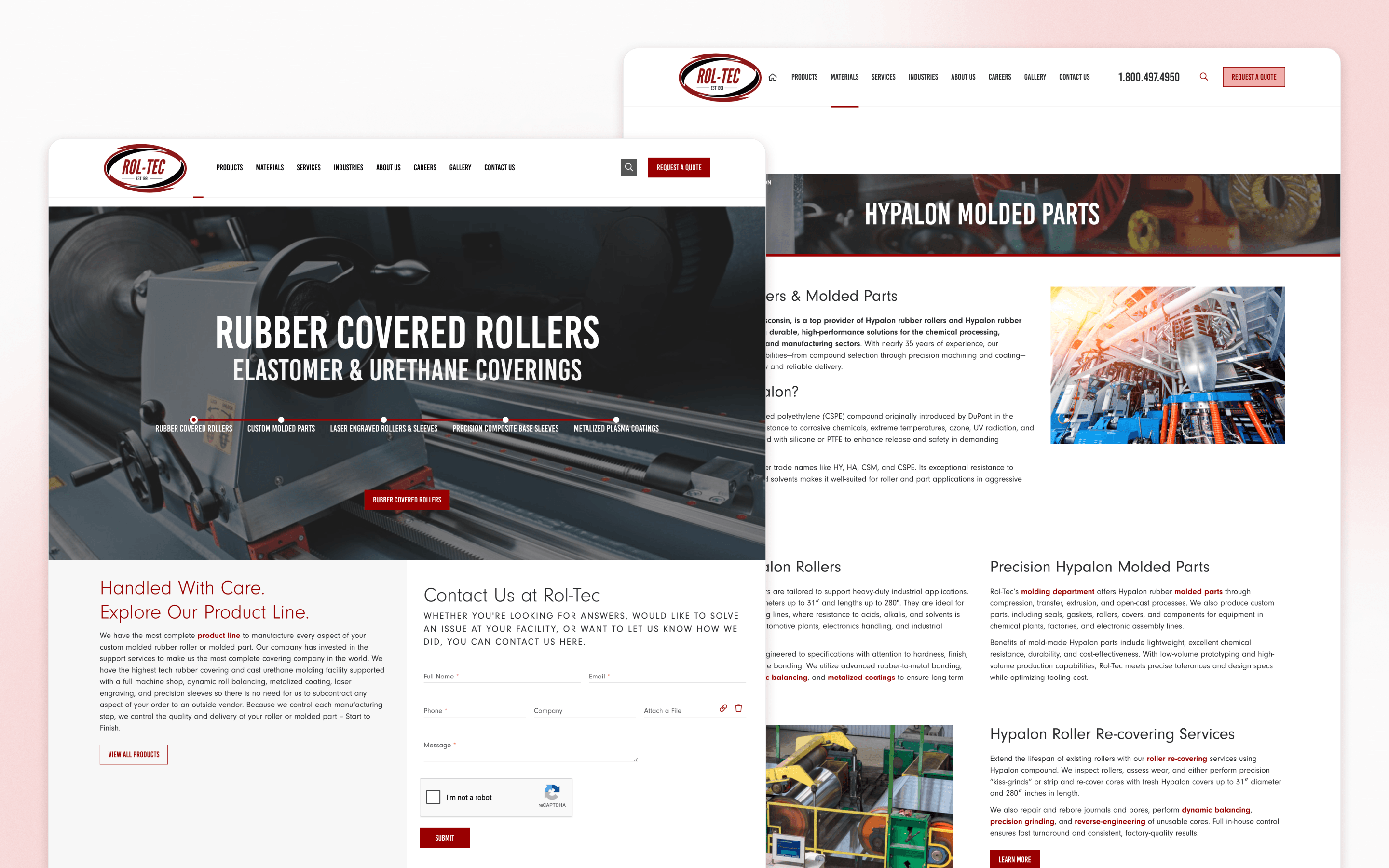 Rol-Tec manufacturing website design showing rubber-covered rollers and molded parts