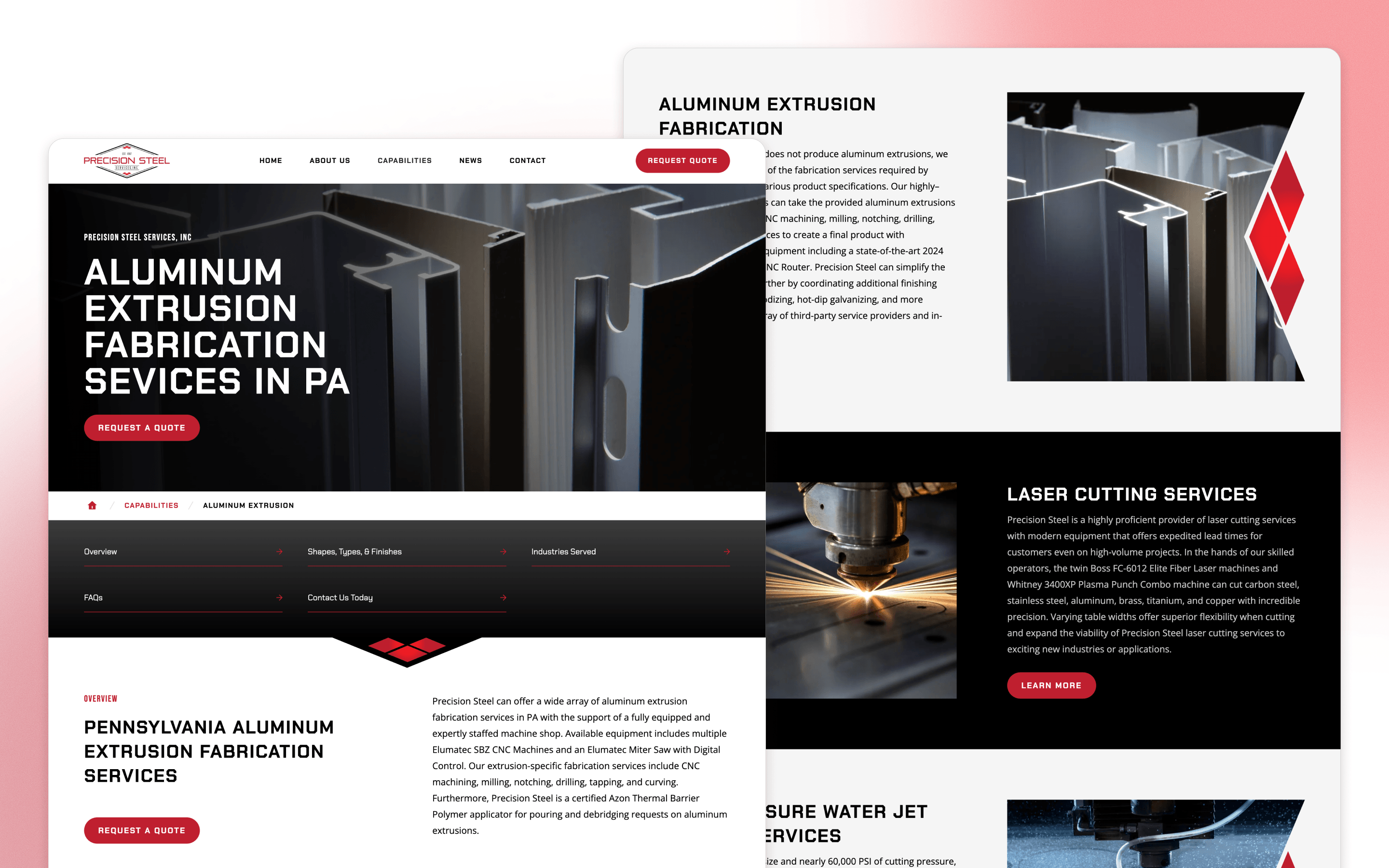 Precision Steel Services manufacturing website design showing aluminum fabrication and laser cutting