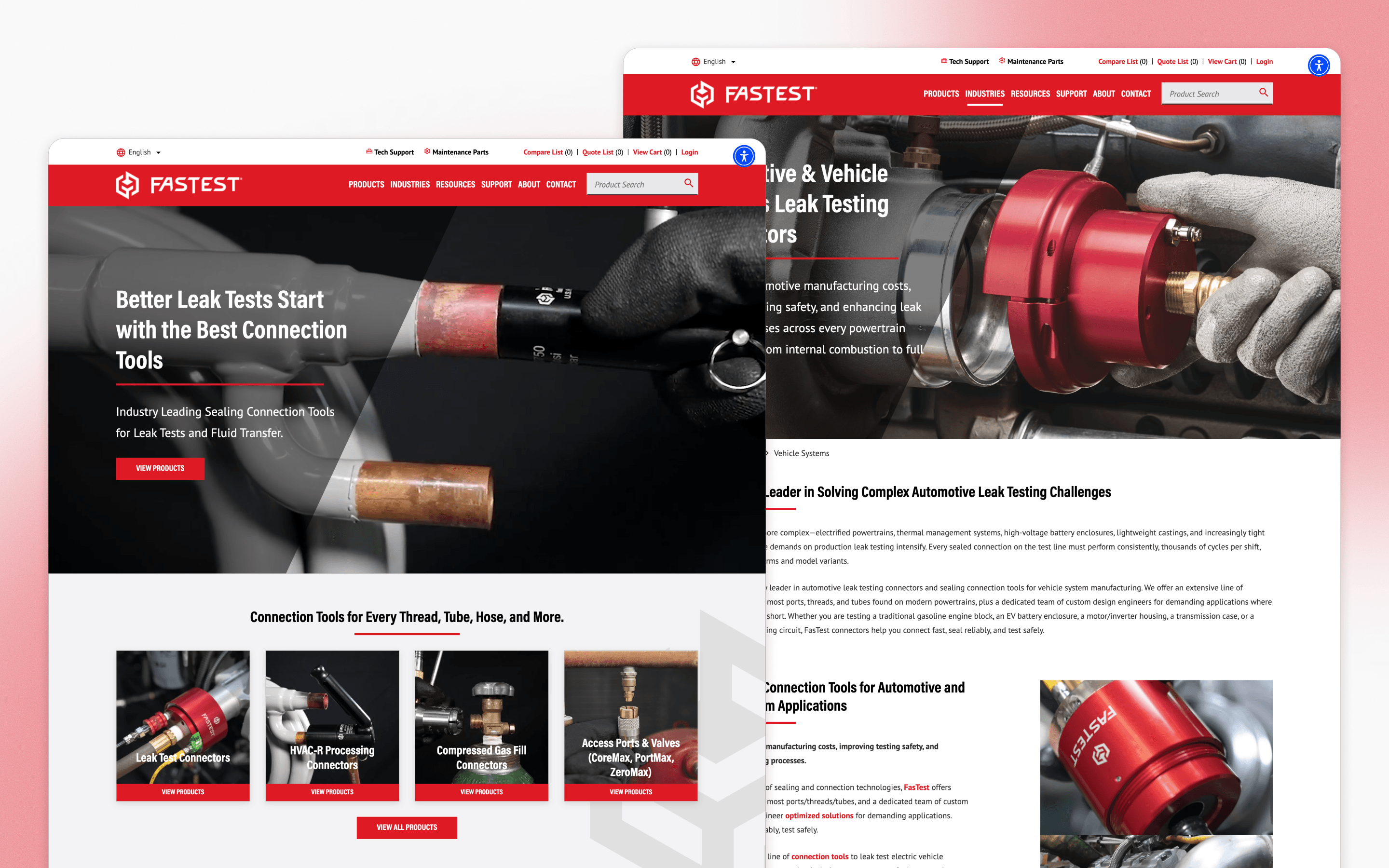 FasTest manufacturing website design showing leak-testing connectors and tools