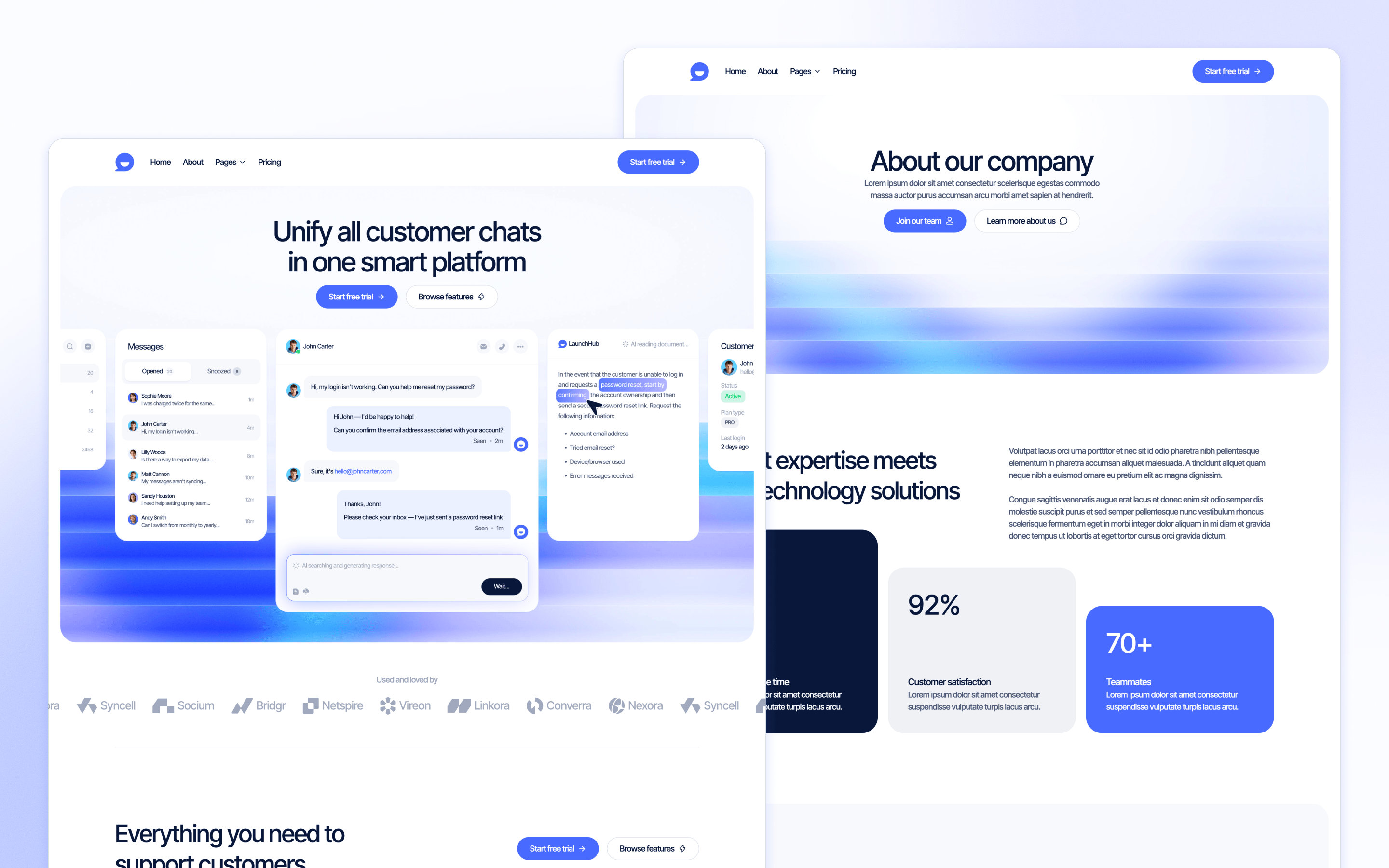 LaunchHub AI customer support SaaS website template by BRIX Agency