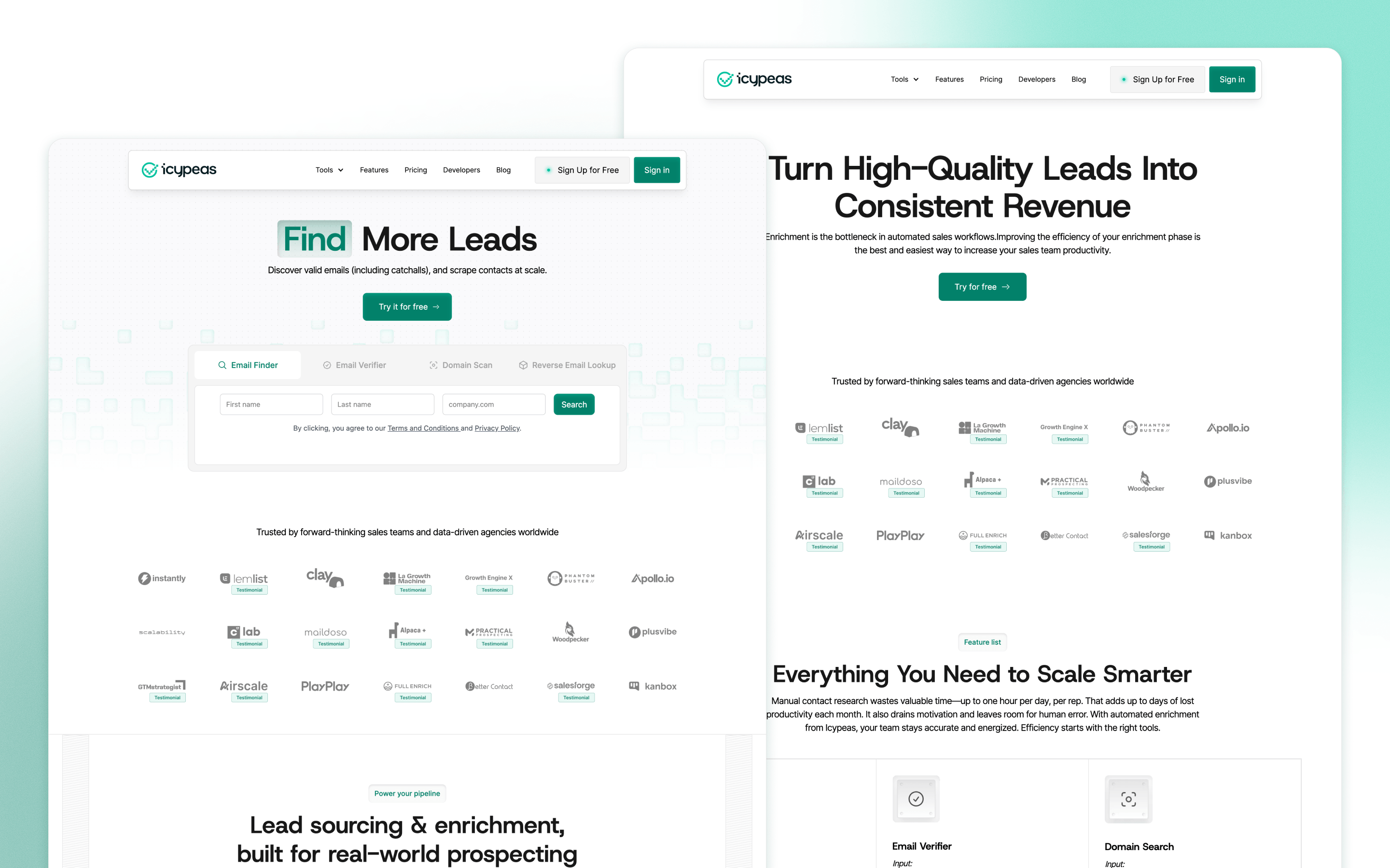 Icypeas SaaS website design for sales prospecting software
