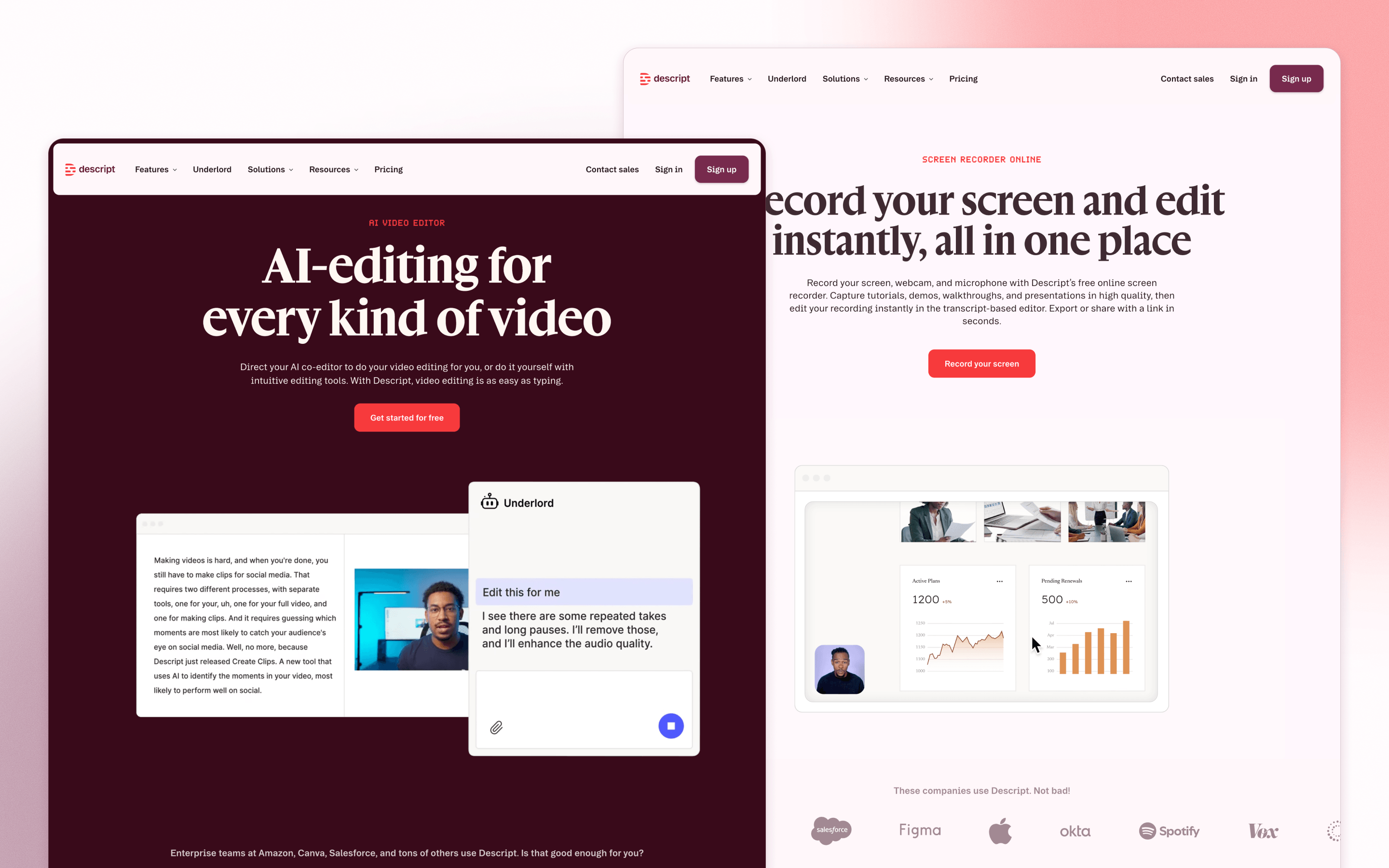 Descript SaaS website design for video editing software