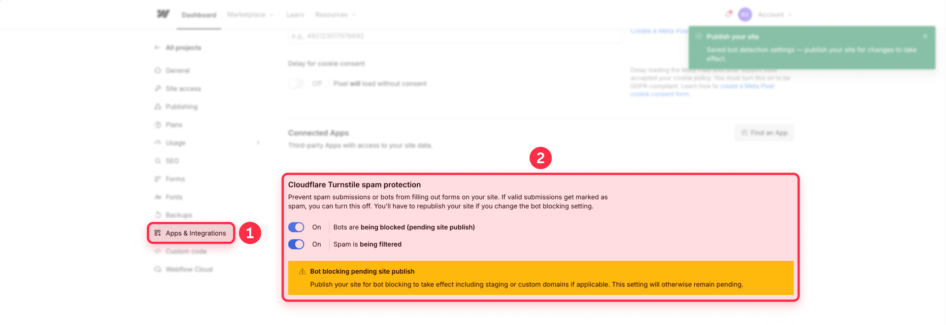 The Cloudflare Turnstile spam protection panel in Webflow Site settings with bot blocking and spam filtering enabled