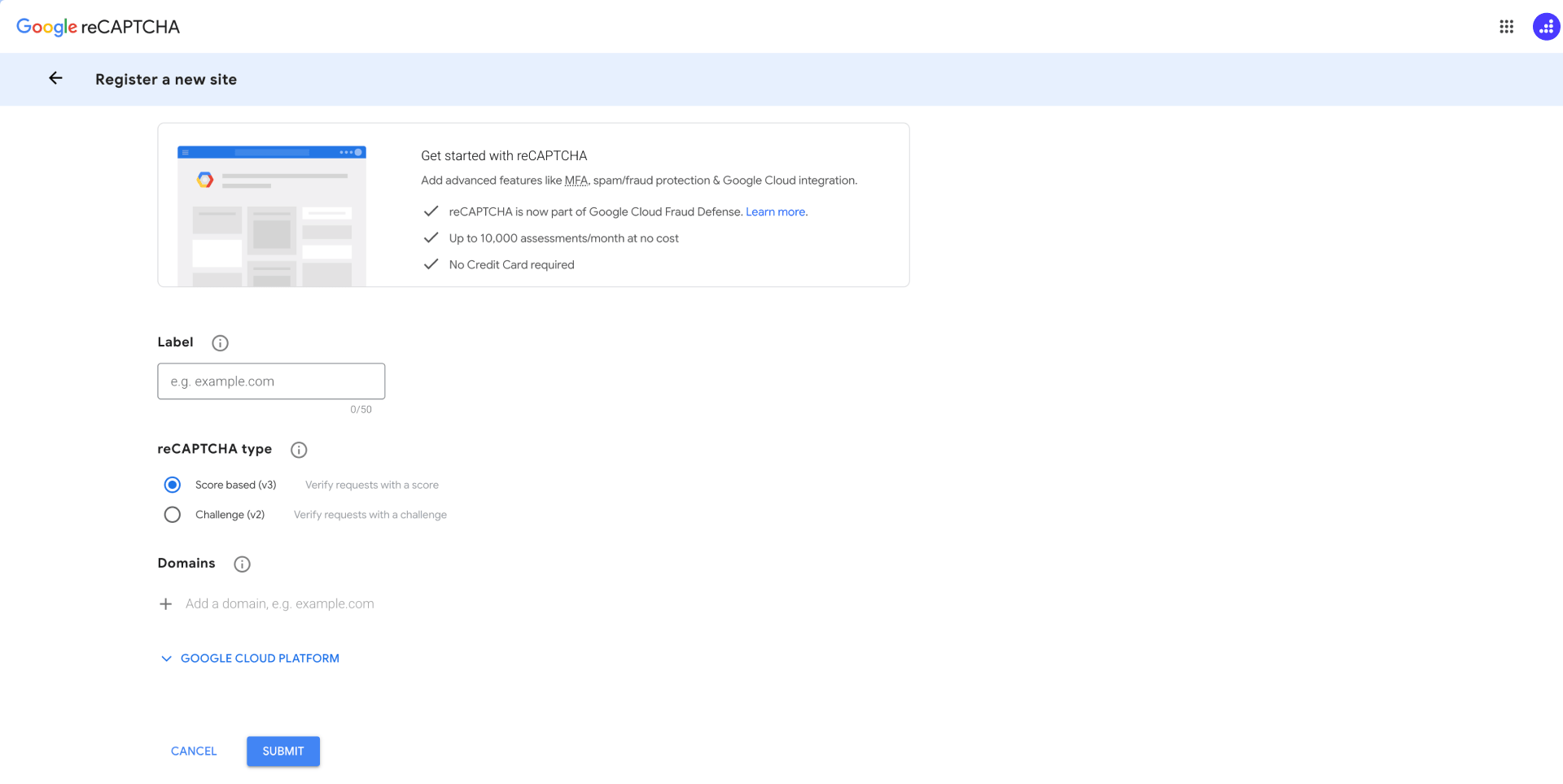 The Google reCAPTCHA admin console for registering a Webflow site