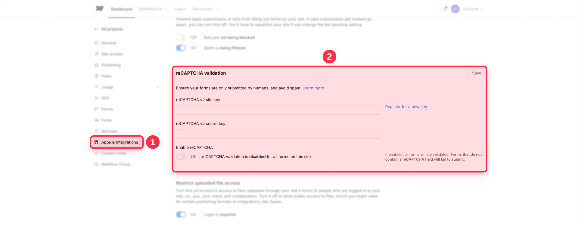 The reCAPTCHA validation section in Webflow Site settings with the Site key and Secret key entered