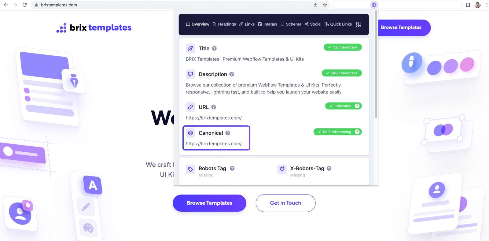 Check current Webflow Canonical Global Tag using Detailed SEO Extension