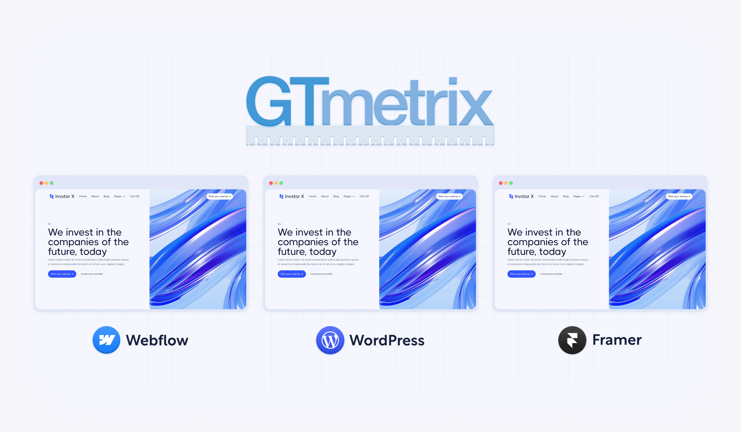 GT Metrix speed comparison of multiple CMS Webflow WordPress Framer